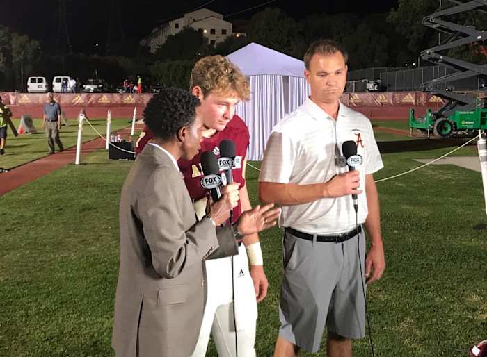 Moss (center) and Casey Clausen (right) following a 2019 win over Oaks Christian (photo by Moss)